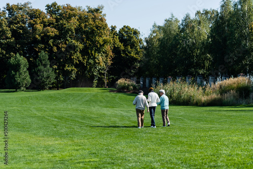 back view of senior interracial friends walking on green field with golf clubs. © LIGHTFIELD STUDIOS