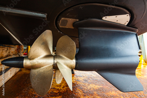 Azimuth twin-screw motor on a motor boat, bottom view. The bottom of a motor boat with azimuth motors with a double row of propellers.