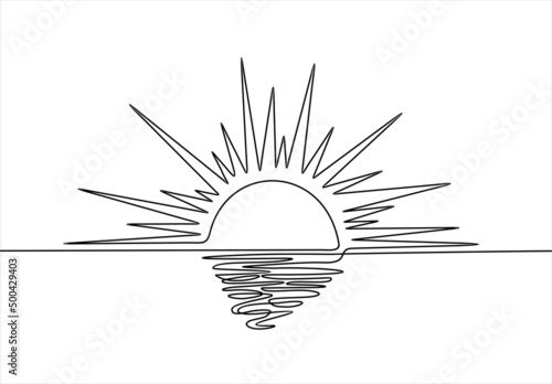 Continuous one line drawing. Sunset on the sea. Vector illustration.