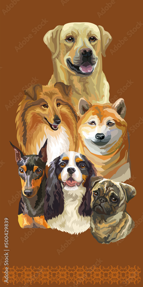 Vertical poster of different dogs breeds vector illustration brown Vertical poster of different dogs breeds vector illustration brown