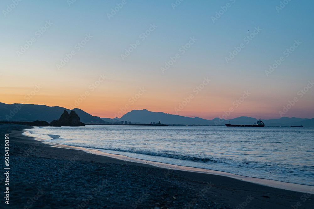 South of Italy, sea and mountains at dawn. Vietri. Beautiful early morning, summer. Journey through old Europe, picturesque landscapes. Amalfi Coast Tyrrhenian Sea