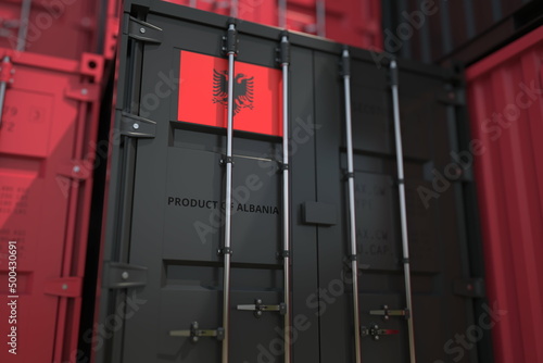 Shipping container with goods from Albania and printed national flag. Production related 3D rendering