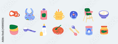 Preparing baby food. Chair, bib, nipple, silicone plate, bottle, measuring spoon, powdered milk, purée vector icons. Colored feeding stuff for infant. Kitchen equipment concept. All items are isolated