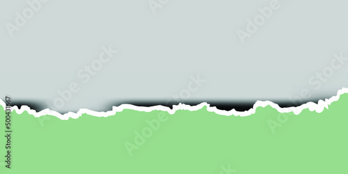 Torn ripped piece of horizontal bottom green paper with soft shadow grey background vector illustration