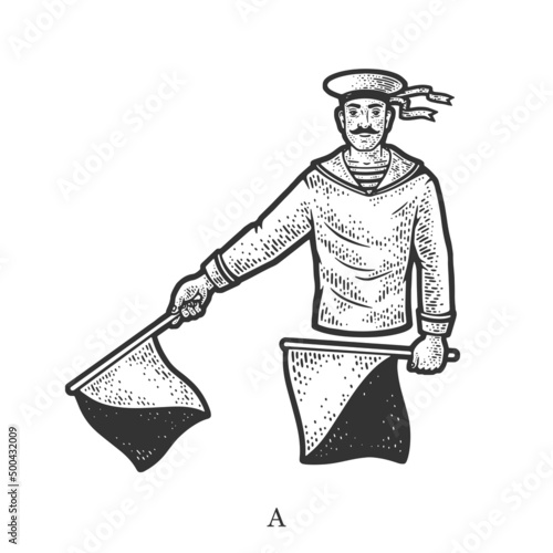 Sailor mariner show flag semaphore alphabet letter A sketch engraving vector illustration. T-shirt apparel print design. Scratch board imitation. Black and white hand drawn image.