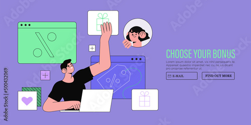 Loyalty program concept. People getting gifts and rewards from store, bonus points, discount. Vector illustration for promotion, commerce, sale, marketing banner, landing web page or social media ads.