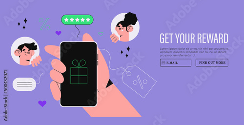 Loyalty program concept. People getting gifts and rewards from store, bonus points, discount. Vector illustration for promotion, commerce, sale, marketing banner, landing web page or social media ads.
