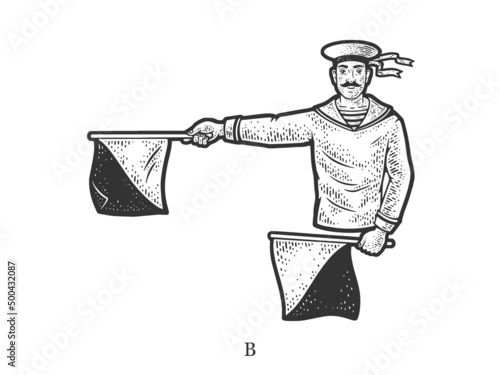Sailor mariner show flag semaphore alphabet letter B sketch engraving vector illustration. T-shirt apparel print design. Scratch board imitation. Black and white hand drawn image.