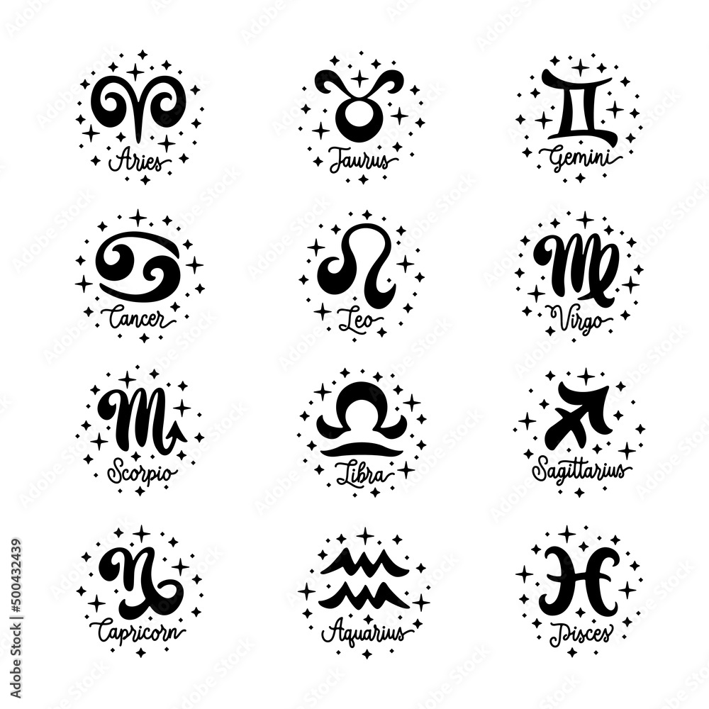 Zodiac hand drawn signs set. Astrology emblems collection. Hand drawn vector illustration. Stock