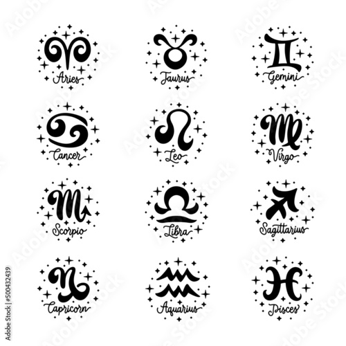 Zodiac hand drawn signs set. Astrology emblems collection. Hand drawn vector illustration.