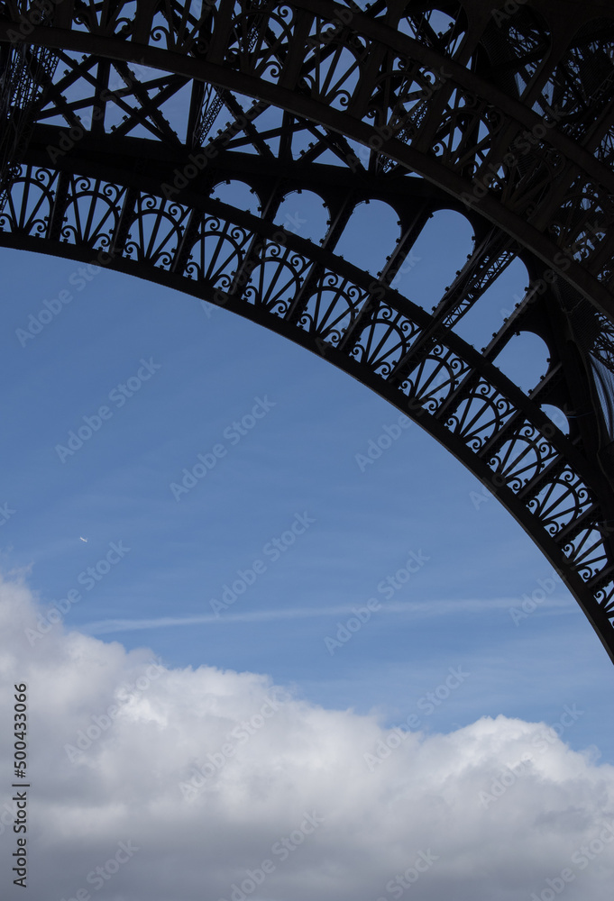 Paris, France: details of the Art Nouveau friezes of The Eiffel Tower, metal tower completed in 1889 for the Universal Exposition and became the most famous monument in Paris
