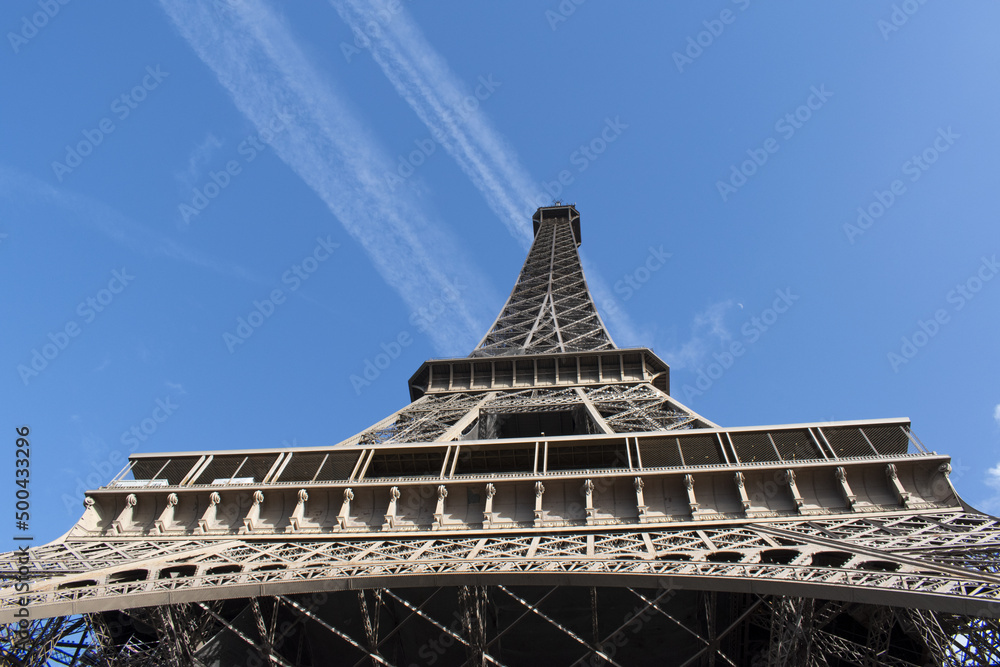 Paris, France: view from below of The Eiffel Tower, metal tower completed in 1889 by Gustave Eiffel for the Universal Exposition and became the most famous monument in Paris