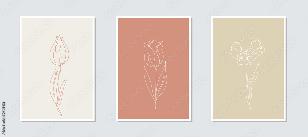 Set of 3 one single line drawing tulip flowers on an earthy background card template
