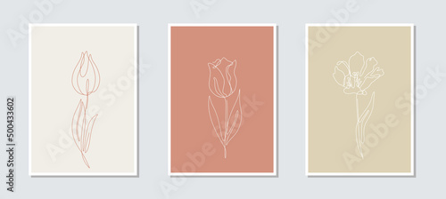 Set of 3 one single line drawing tulip flowers on an earthy background card template