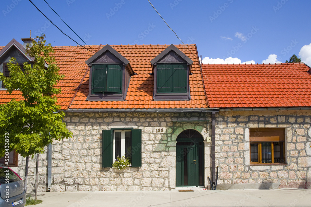 Stone houses along main street of Cetinje, Montenegro