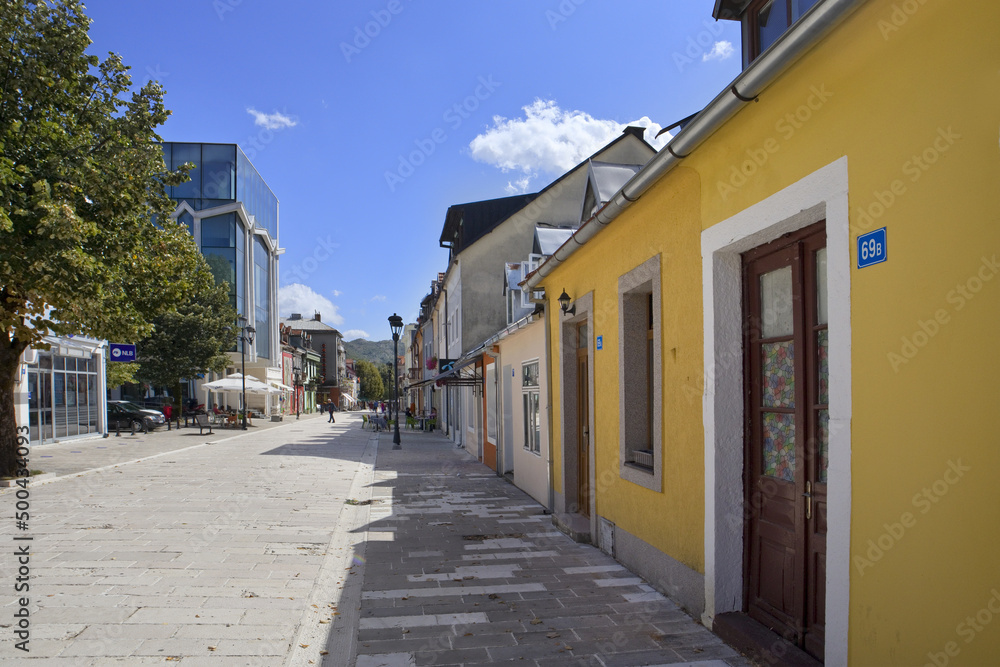 Colorful houses along main street of Cetinje, Montenegro