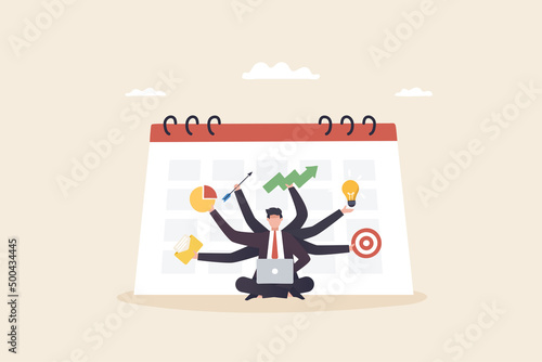 Business plan, Young man or Businessman working hard with many hands with calendar background. vector illustration