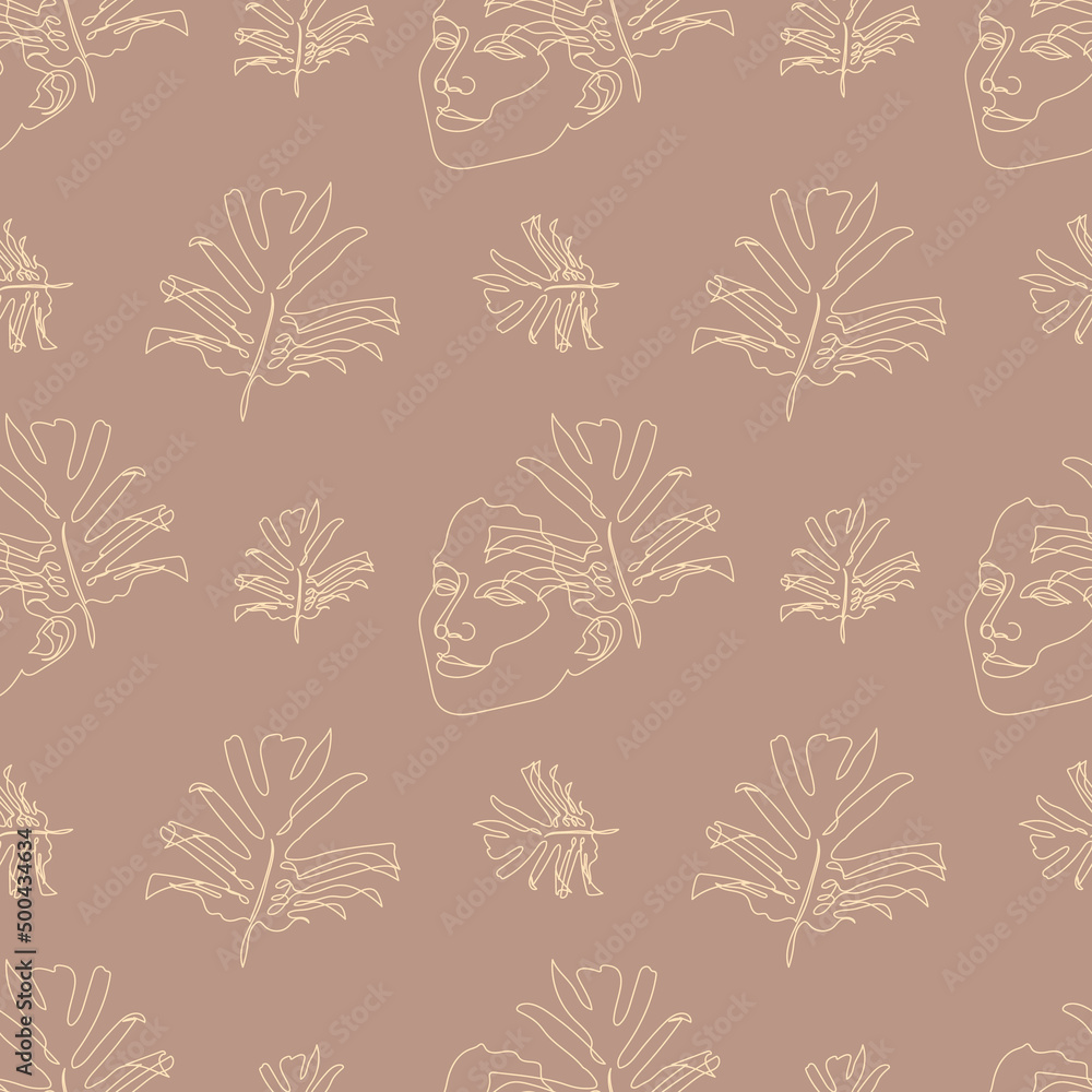 Seamless pattern with one single line drawings of female face and monstera leaves. Beige line on brown background