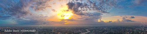 Panorama sky and cloud white and orange clouds,Beautiful sunset sky for Nature backgrounds.  © Hand Robot