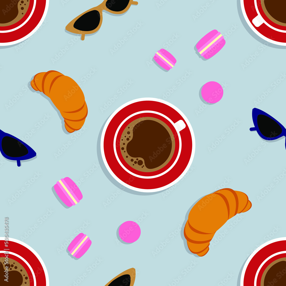 Vector seamless with coffee cups, sunglasses, croissants and macaroons