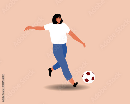 Young woman playing soccer with ball, flat windy stock illustration, isolated player