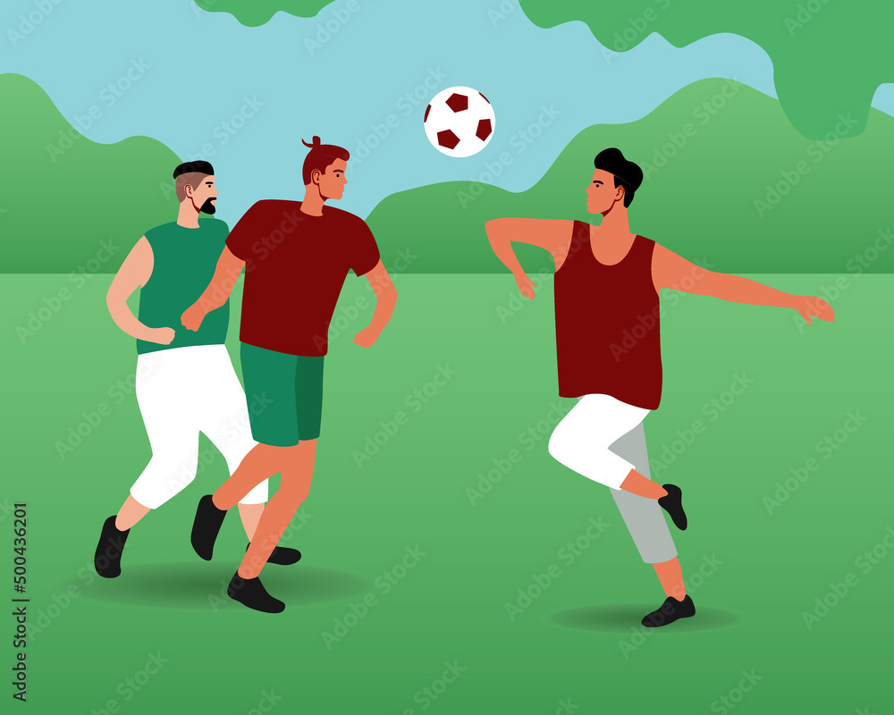Men play football in park, flat vector stock illustration with people in nature as sports and hobbies together