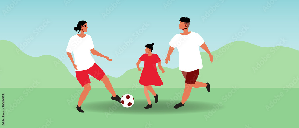 Fototapeta premium Mom and dad and daughter play football, flat vector stock illustration with sports family football players