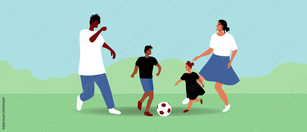 Multicultural family plays football with son and daughter, flat vector stock illustration with sports family with children and African dad Multicultural family plays football with son and daughter, flat vector stock illustration with sports family with children and African dad