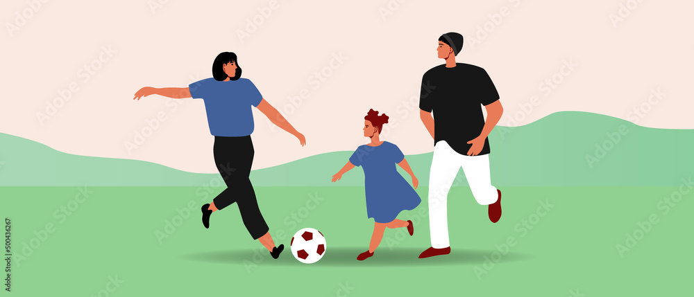 Fototapeta premium Adults play football with child, flat vector stock illustration with sports family, parents and girl