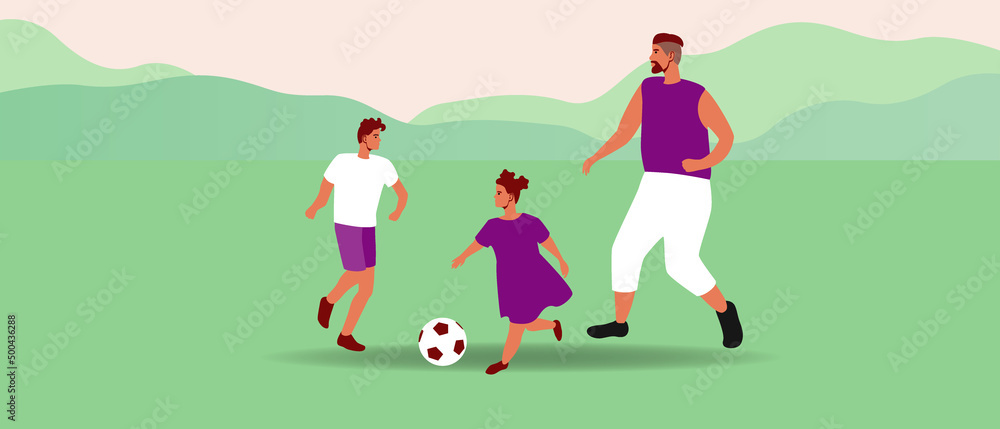 Parent playing soccer with kids, flat vector stock illustration with sports family with ball in nature Parent playing soccer with kids, flat vector stock illustration with sports family with ball in nature