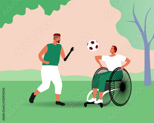 Disabled people play football in park, flat vector stock illustration with activity of inclusive disabled people in nature
