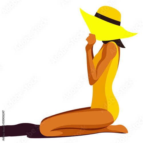 vector illustration on the theme of summer holidays. a tanned girl in a yellow swimsuit sits on her knees on the beach in a hat isolated on a white background. useful for advertising summer vacations