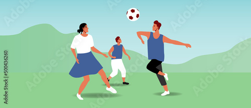 Parents and son play football in park, flat vector stock illustration with sports family