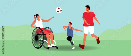Inclusive family playing football with child in nature, flat vector stock illustration with sports family and parent in wheelchair
