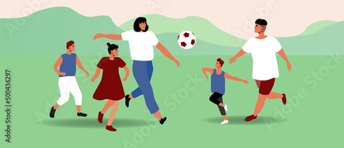 Large family plays football with children, flat vector stock illustration with sports family as active leisure in park