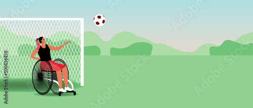 Woman in wheelchair as fowler in football, flat vector stock illustration as copy space pattern
