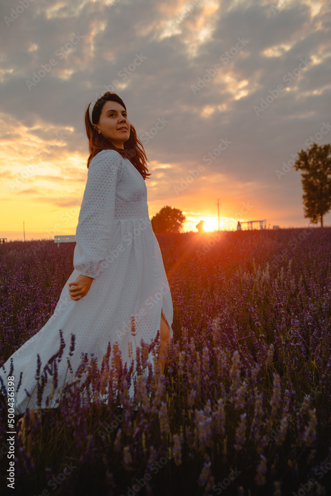 gorgeous woman in white dress at lavender field