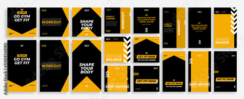 Templates pack for Instagram posts and stories, Facebook square, gym, sport and workout advertisement, sale, and business promotion theme with fresh design