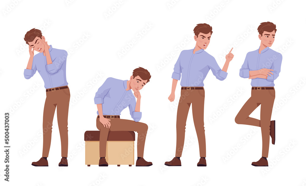 Obraz premium Young handsome businessman set standing pose, negative emotion. Office attire boy, smart male manager in formal wear. Vector flat style cartoon character isolated, white background, different position