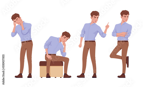 Young handsome businessman set standing pose, negative emotion. Office attire boy, smart male manager in formal wear. Vector flat style cartoon character isolated, white background, different position
