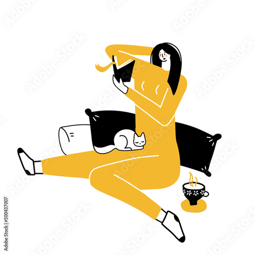 Cute woman in pajamas reading book on her bed comfortably with tea and cat. Book lover concept with girl sitting on pillows. Woman focusing on book in hands. Doodle hand drawn vector illustration.