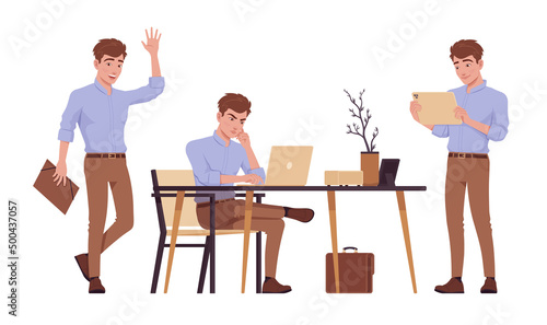 Young handsome businessman set, man busy at workplace with laptop. Office attire boy, male manager in formal wear. Vector flat style cartoon character isolated, white background, different position
