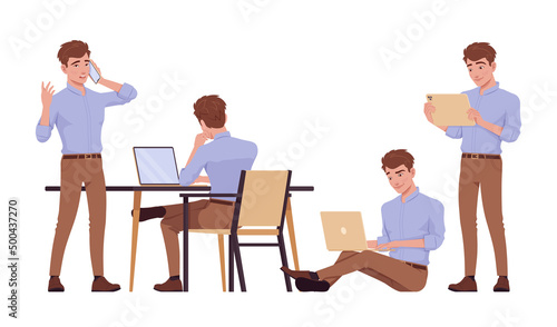 Young handsome businessman set, man busy at workplace with gadgets. Office attire boy, male manager in formal wear. Vector flat style cartoon character isolated, white background, different position