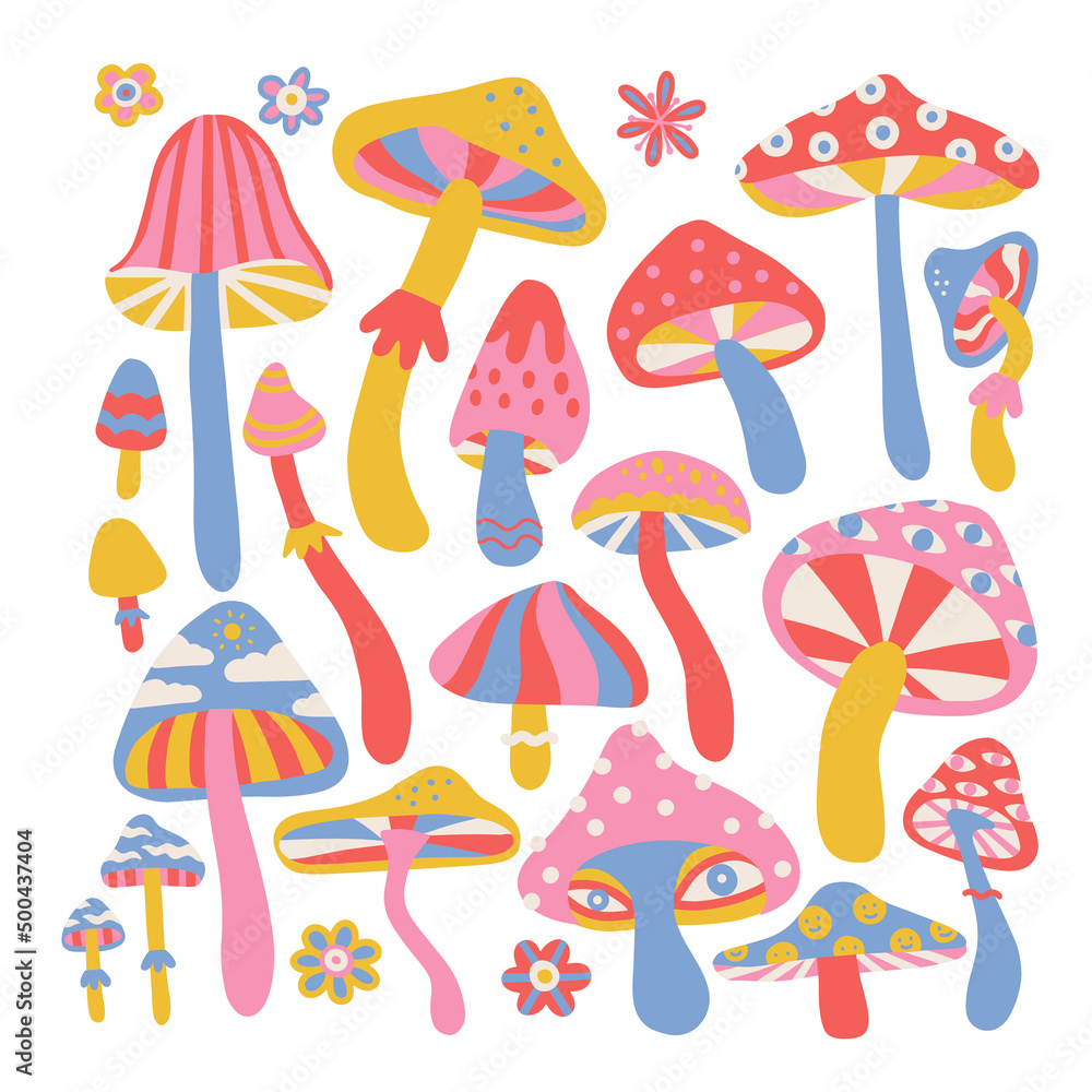 Retro 70s psychedelic trippy mushrooms isolated on white background. Colorful hallucinogenic fantasy mushroom hand drawn flat vector illustration Retro 70s psychedelic trippy mushrooms isolated on white background. Colorful hallucinogenic fantasy mushroom hand drawn flat vector illustration
