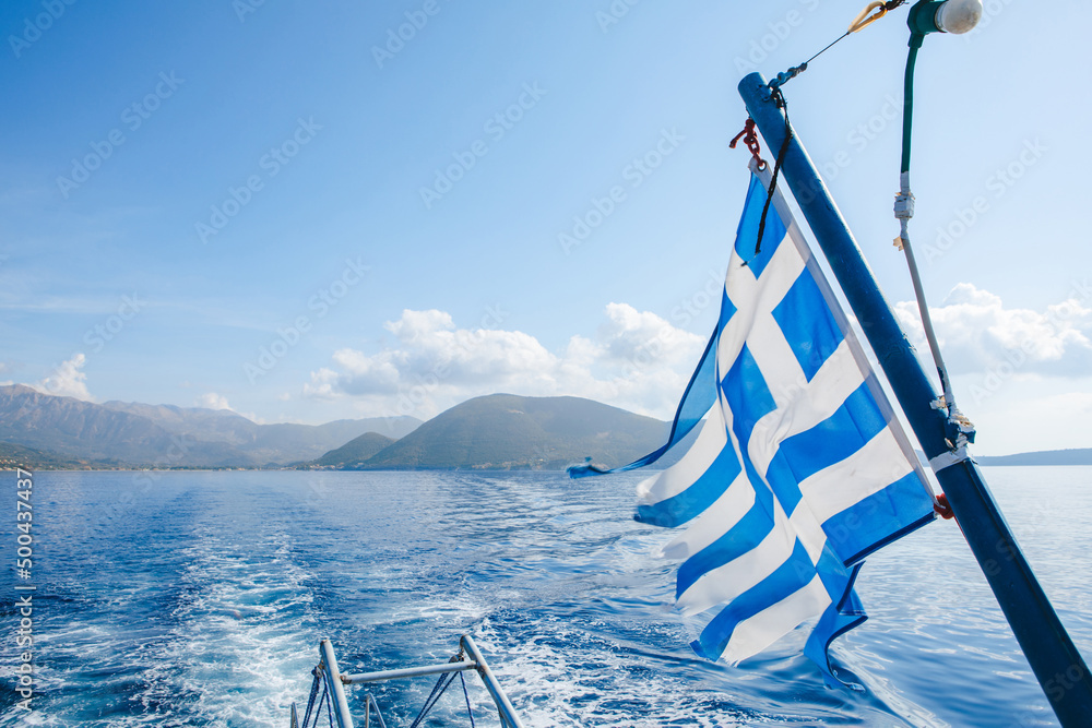 Naklejka premium view from the sea boat at the lefkada island greece