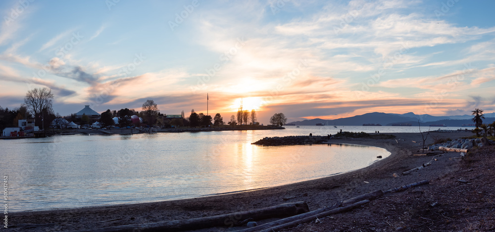 Panoramic View of Sunset Beach on the West Coast of Pacific Ocean. Modern City Park. Downtown Vancouver, British Columbia, Canada.