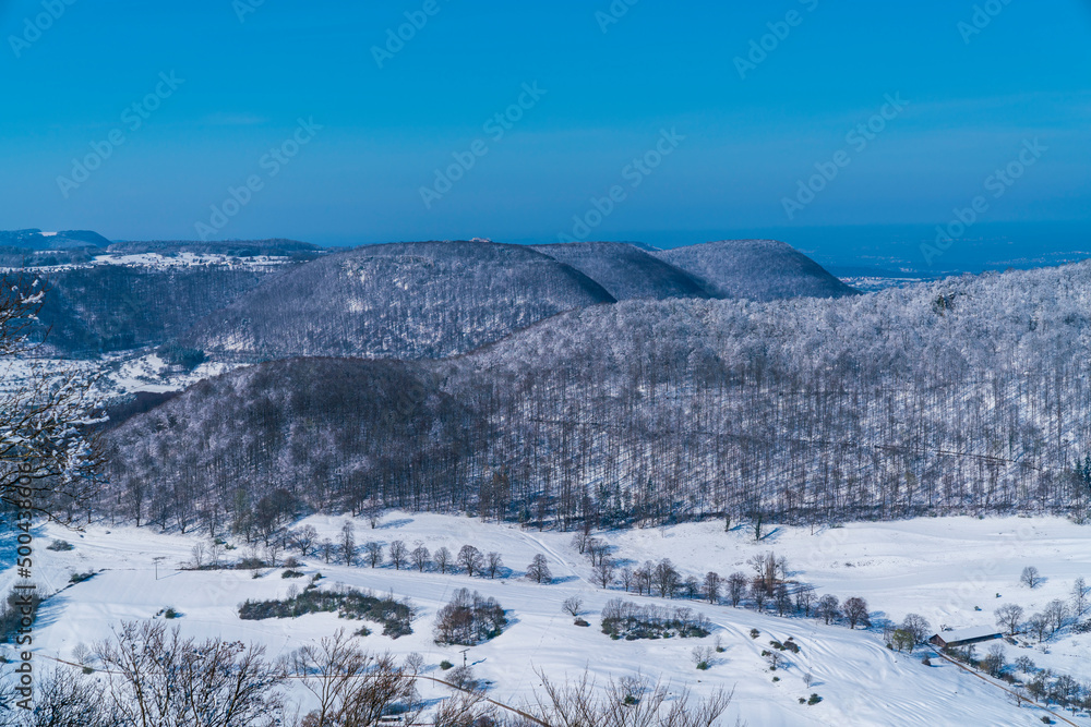 Germany, Breitenstein aerial panorama view on swabian alb mountains in winter wonderland season, covered with snow, a beautiful scene