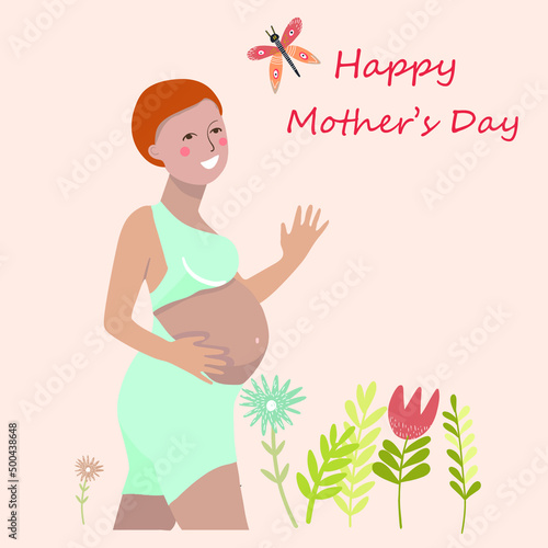 Pregnant young woman, redhead, in a sports kit, waving, vector illustration, around flowers, butterfly, happy mother's day.