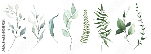 Watercolor floral set of green leaves, branches, twigs etc. Vector traced isolated greenery illustration. 