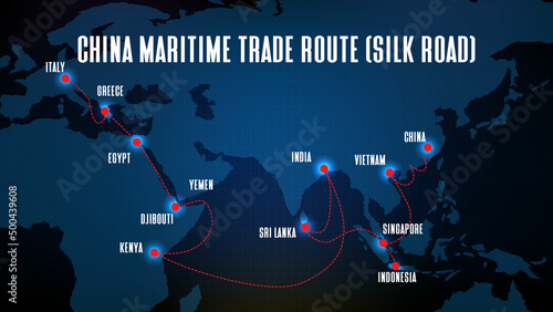 abstract blue background of china maritime trade route (silk road) with world map